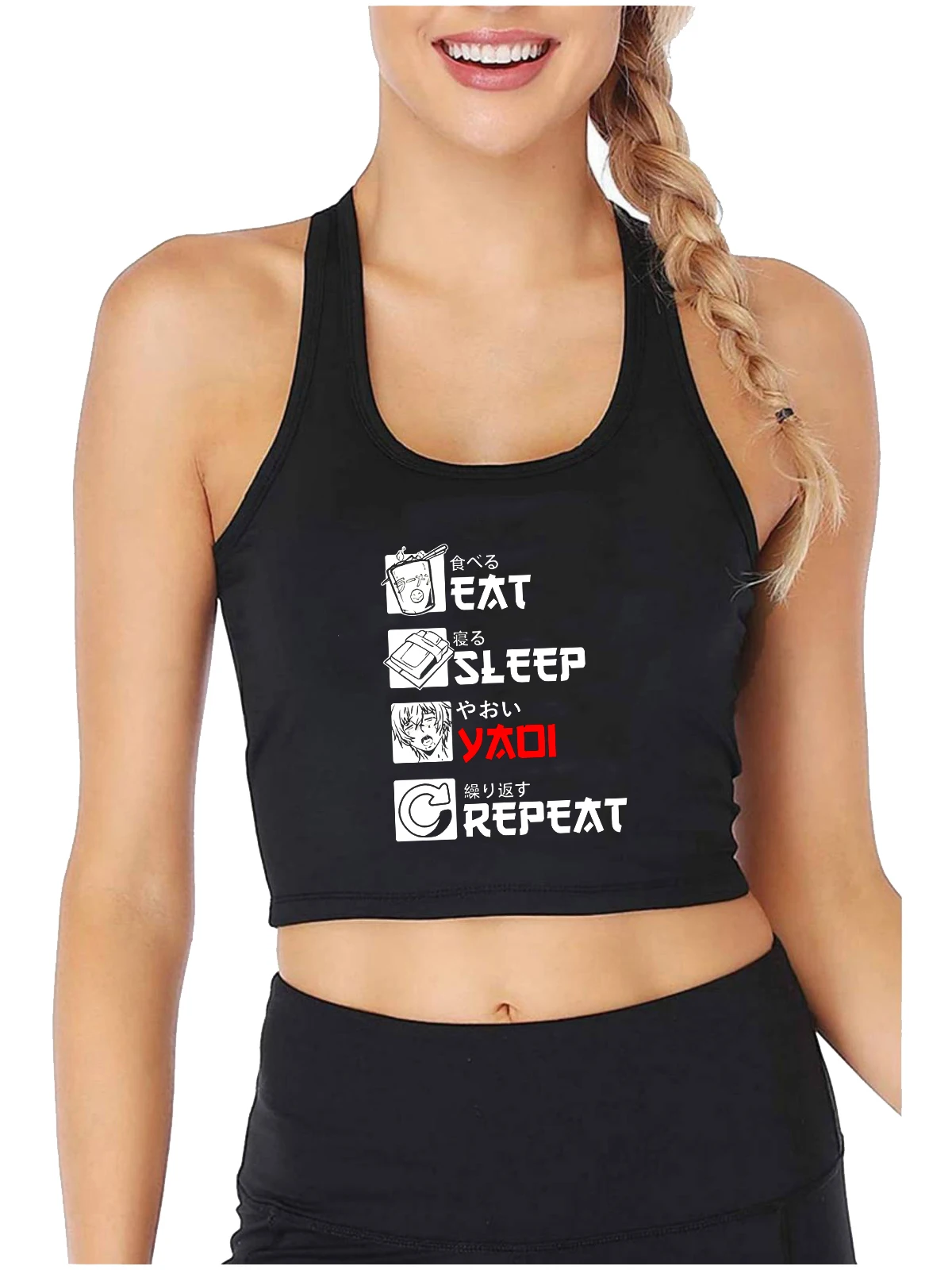 Yaoi Fujoshi Anime Eat Sleep Repeat Design Sexy Crop Top Femboy Funny Naughty Tank Tops Customizable Cotton Training Camisole - view 3