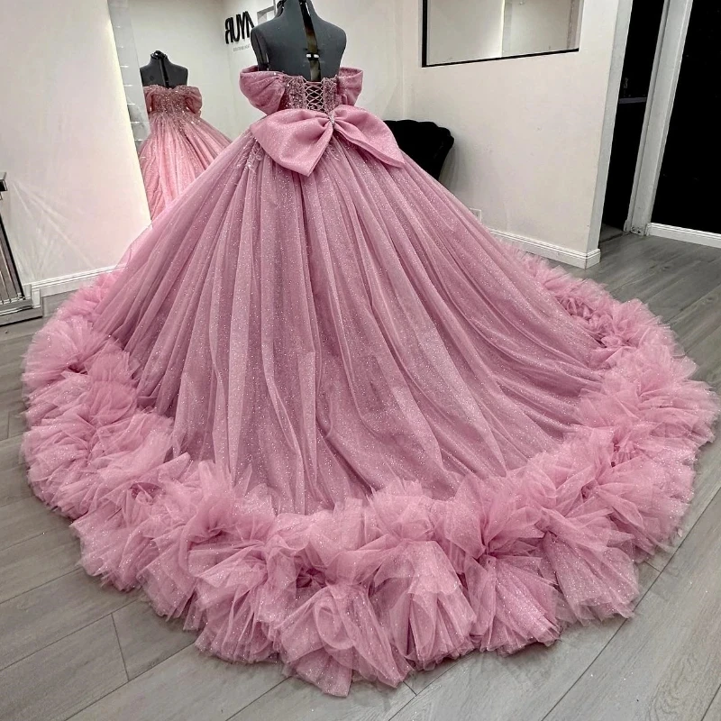 Pink Quinceanera Dress Princess Off the Shoulder Prom Gown Applique Lace Beads Tulle Tiered Sweet 16 Dress Vestidos De 15 Anos