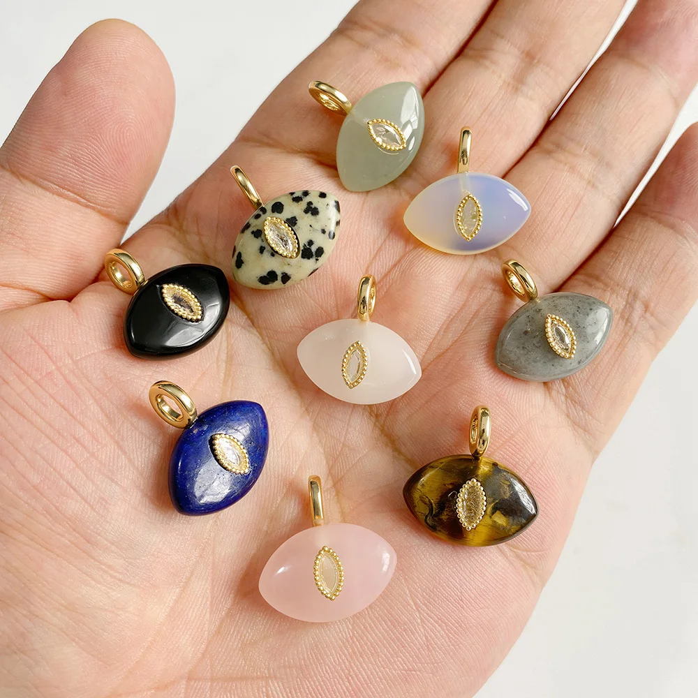 1PC Natural Stone Evil Eye Charm 13x20mm Polished Rose Quartz Tiger Eye Pendant Inlaid CZ for DIY Jewelry Making Lucky Amulet image 6