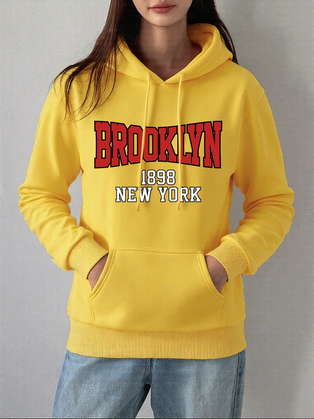 Brooklyn 1898 New York City Prints Hoodie Damen Winter Fleece Warme Sweatshirts Basics Taschenpullover Lässige lockere Damenkleidung