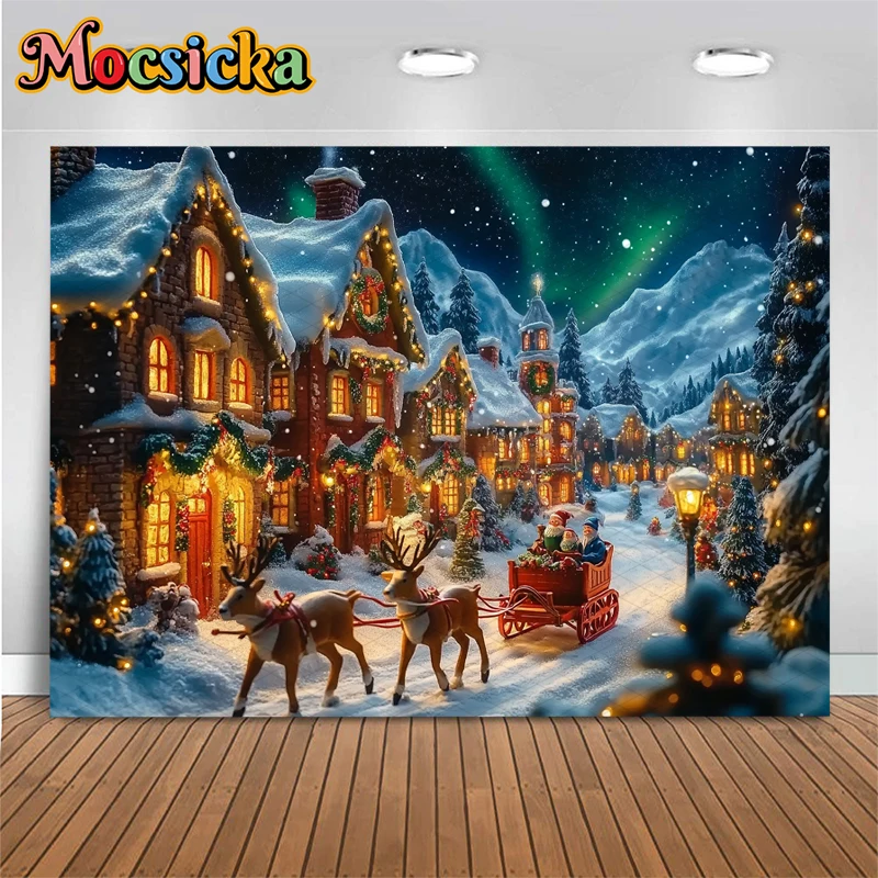 Mocsicka Christmas Town Photography Background Northern Lights Snowy Mountain Village Reindeer Sleigh Backdrops New Year Party