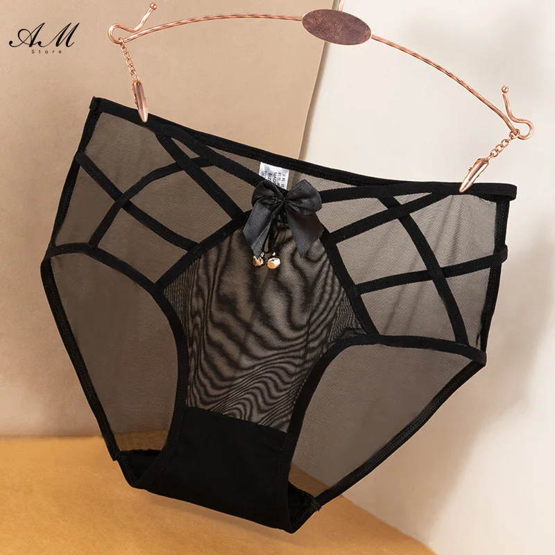 Women Soft Sheer Thin Briefs Transparent Mesh High Waist Hollow Out Panties Large Size Wrapped Hip Bowknot Breathable Underwear