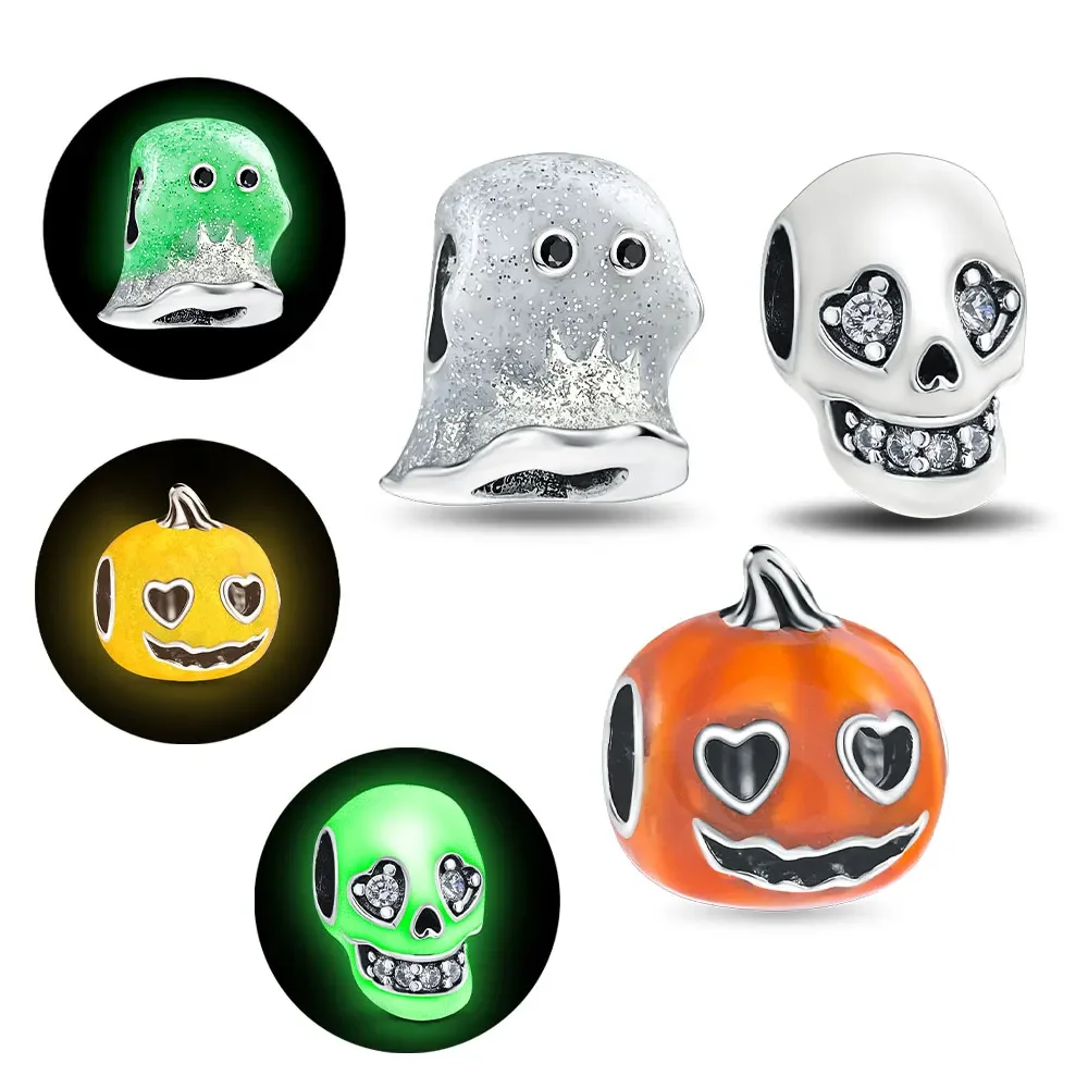 Abalorio compatible con pulseras originales de Halloween que brillan en la oscuridad, joyería de plata de ley 925, calavera de calabaza escalofriante, fantasma de Boo
