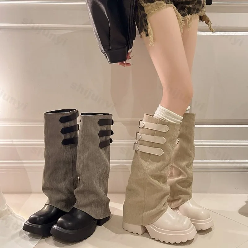 Botas Chelsea hasta la rodilla para Mujer, zapatos de plataforma de tacones medios de otoño 2025, Botas de Mujer de tubo alto con parte inferior gruesa, Botas con hebilla de moda Retro para Mujer