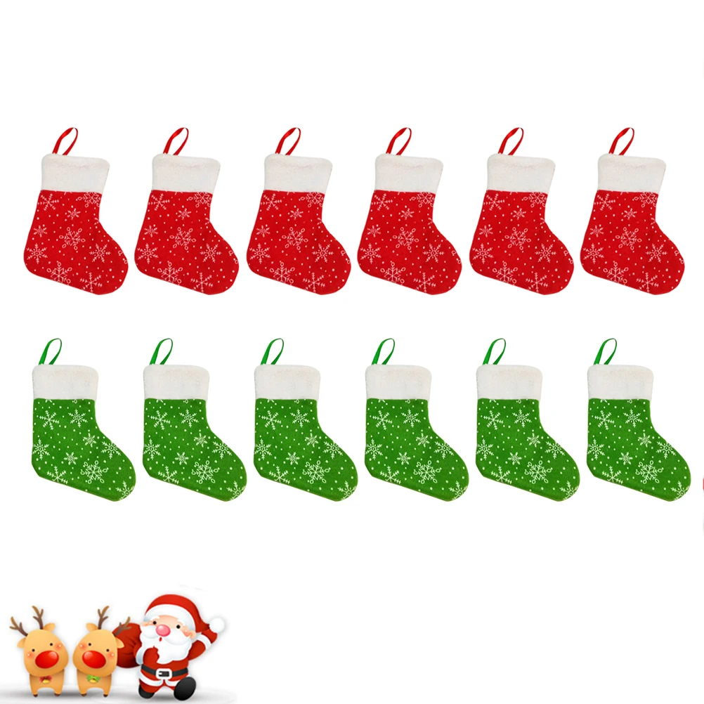 

12 Pcs Christmas Little Socks Snowflake Stocking Tag Holiday Decorations Stockings Small Green Miniature Ornament Bag Hanging