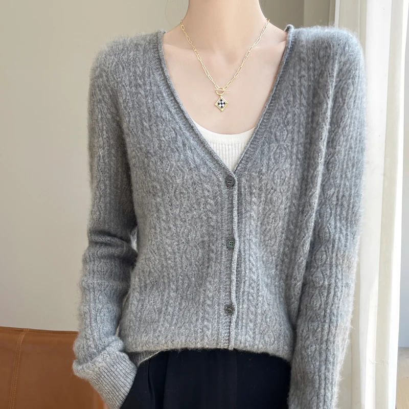 New 100% merino wool autumn and winter women\'s hollow V-neck pullover fashion warm knit cardigan top.