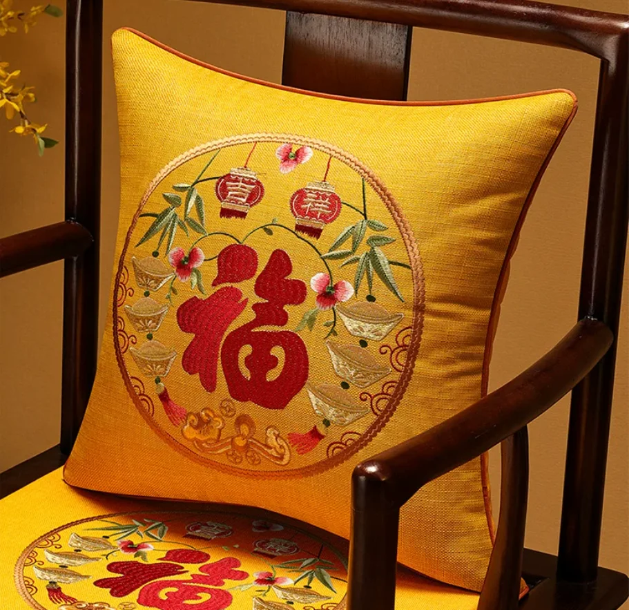 New Chinese Style Embroidered Throw Pillow Red Festive Sofa Cushion Lumbar Back Pillow for Living Room Bedhead