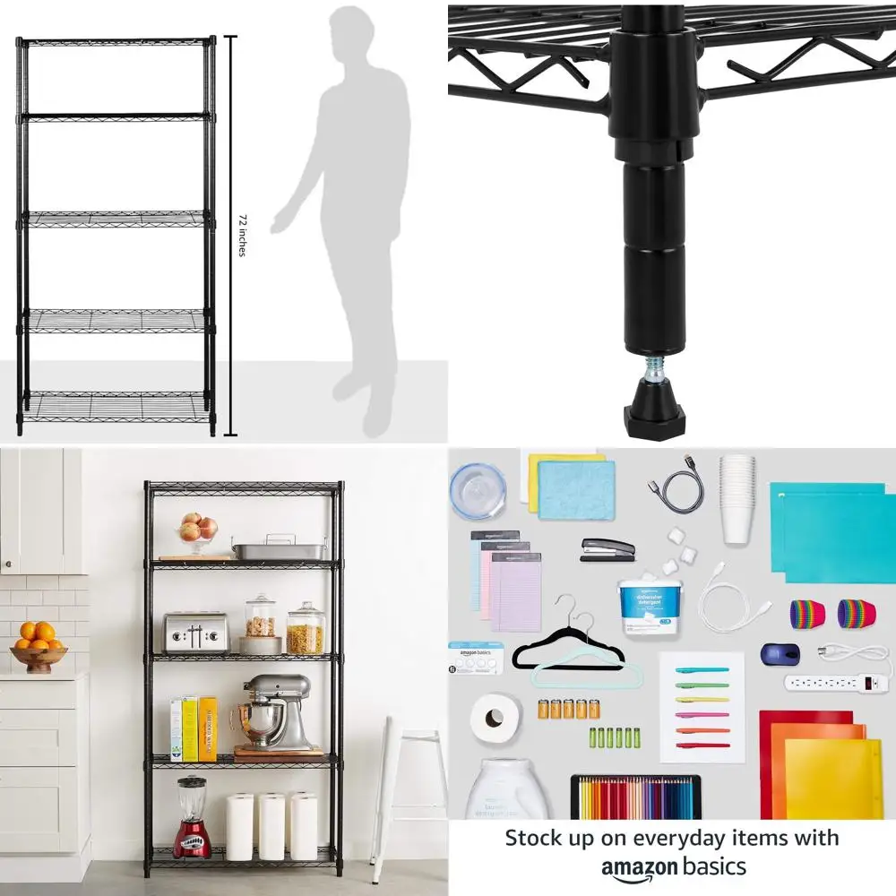 

Adjustable Heavy-Duty Steel Wire Shelving, 36 x 14 x 72, Black | Ideal for Kitchen, Garage, Storage