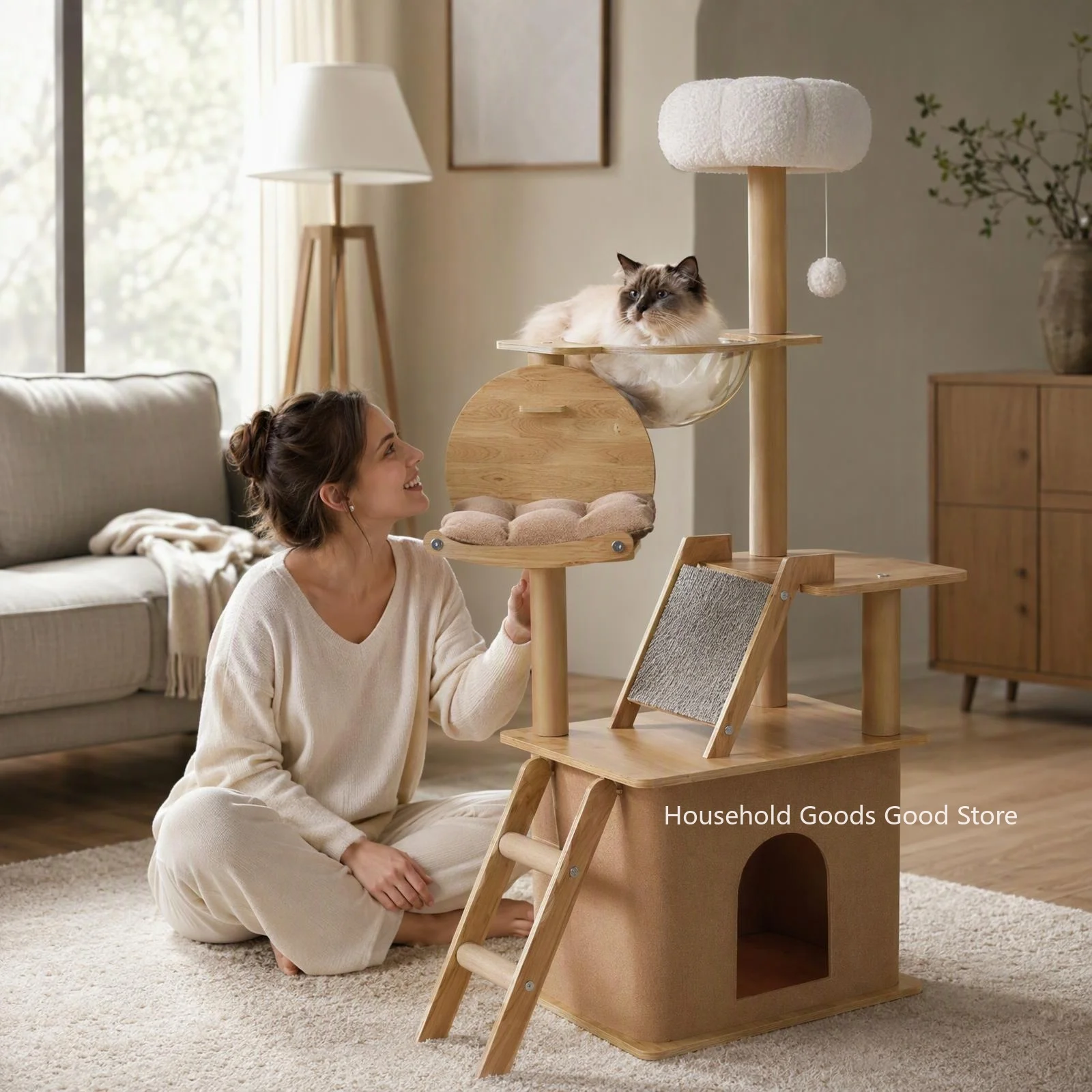 Large Wooden Cat Tree, Integrated Cat House Scratching Post Space Capsule Condo, Space Saving Cat Climbing Stand
