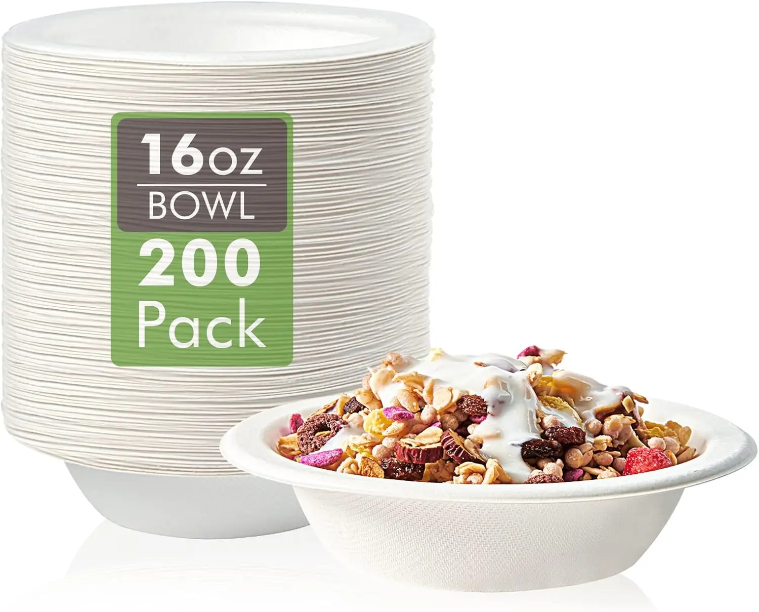 

200 Pack 16 OZ Compostable Paper Bowls, Eco-friendly Bagasse Heavy-duty for Milk Cereals Snacks Salads