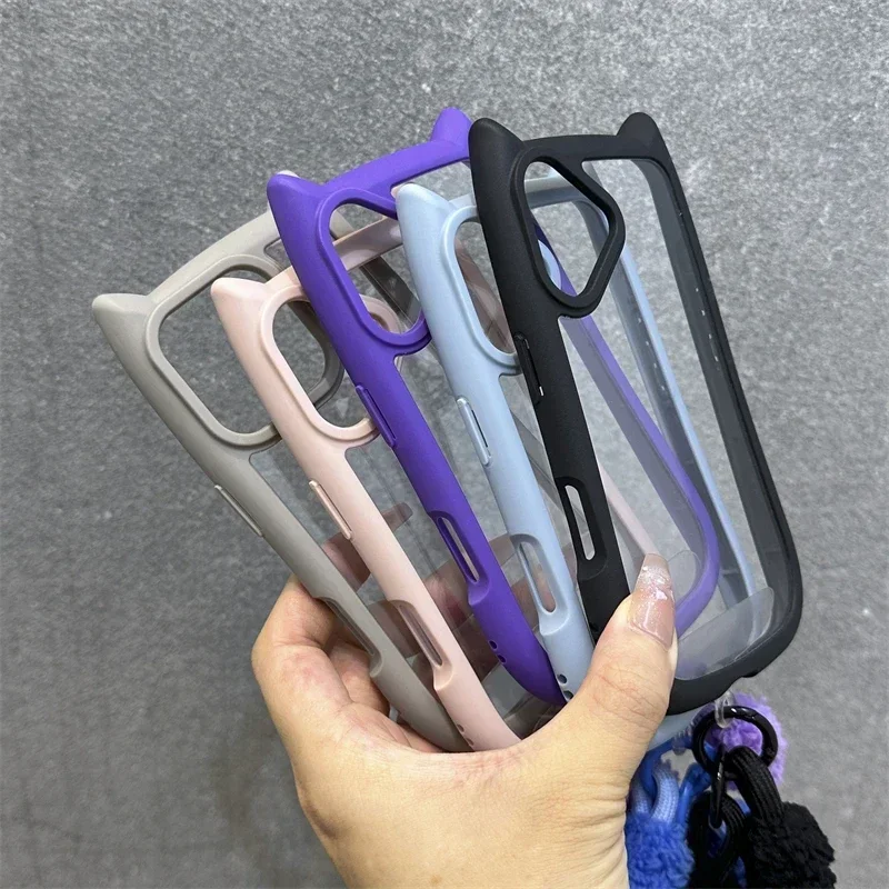 Cartoon 3D Cat Ear Lanyard Case For iPhone 17 Pro Max 12 13 14 15 16 Pro Max Plus 13 Mini 11 Wristband Clear Soft Border Cover