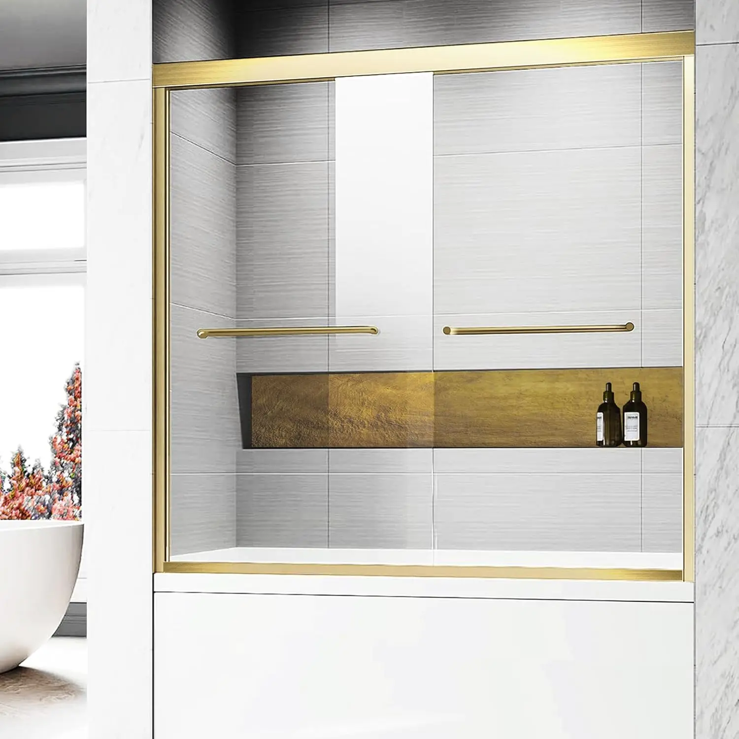 

56''-60" W×62" H Brushed Gold Bathtub Shower Door,60 Inches Semi Frameless Glass Door for Bath tub,Reversible Bathroom Sliding G