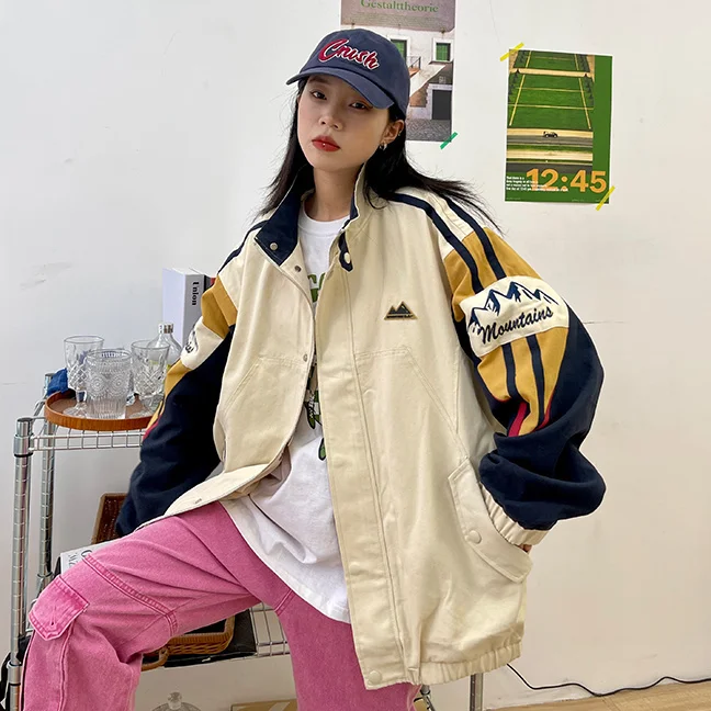 

​​Japanese Vintage Patchwork Jacket Women Stand Collar Unisex Streetwear Oversized Boyfriend Outerwear Spring Fall City Chic​​