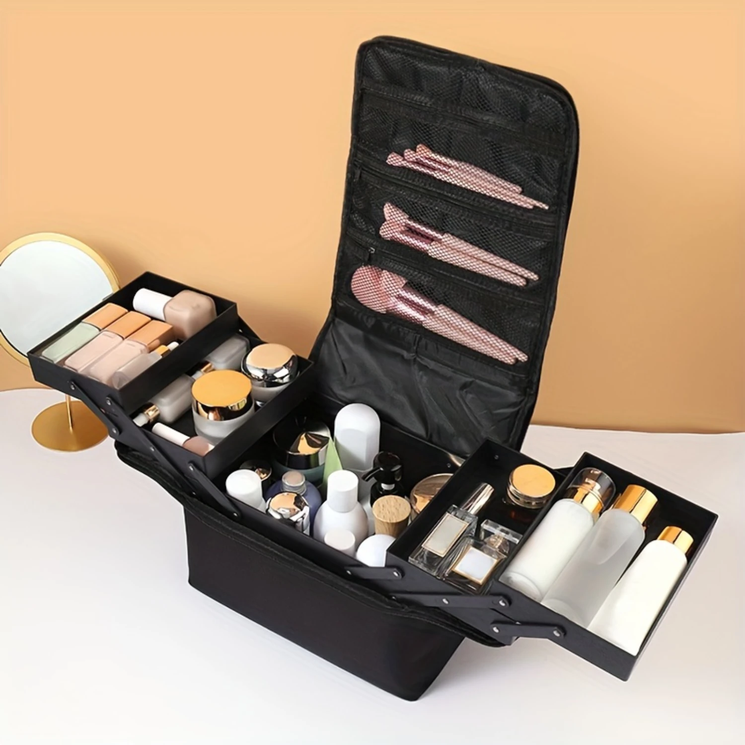 4-Tier Travel Makeup Bag - Premium Cosmetic Case, Large Capacity, Portable & Durable Organizer for Beauty On-The-Go