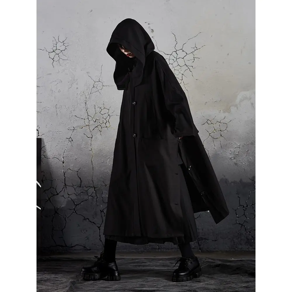Dark Niche Coat for Men and Women Spring Autumn Long Tooling Style Loose Hooded Overknee