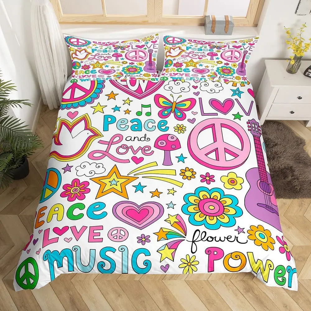 

Peace Sign Duvet Cover Set Flower Power Polyester Comforter Cover Rural Pastoral Bedding Set With Pillowcase King Queen Size