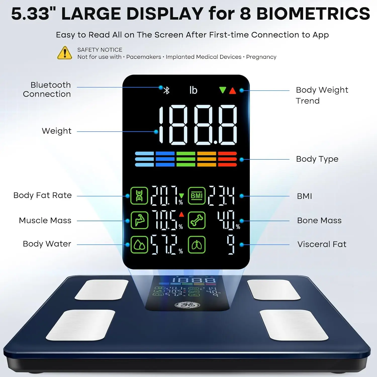 Smart Body Scale with 14 Health Metrics, Bluetooth App Sync, Large Platform for Accurate Weight Tracking