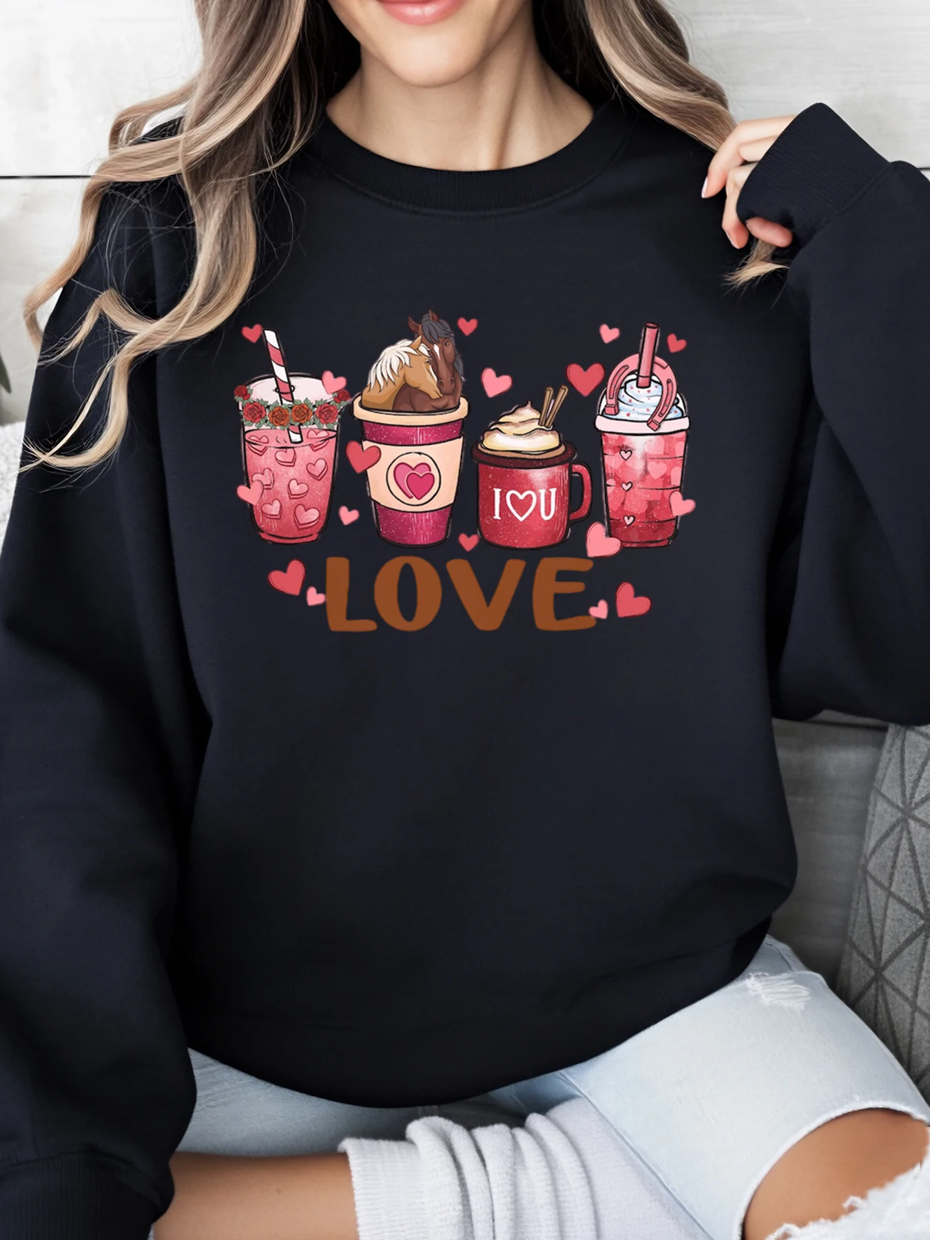 

Толстовка с принтом Cup and Heart Love на День святого Валентина, женская повседневная одежда, черная, больших размеров
