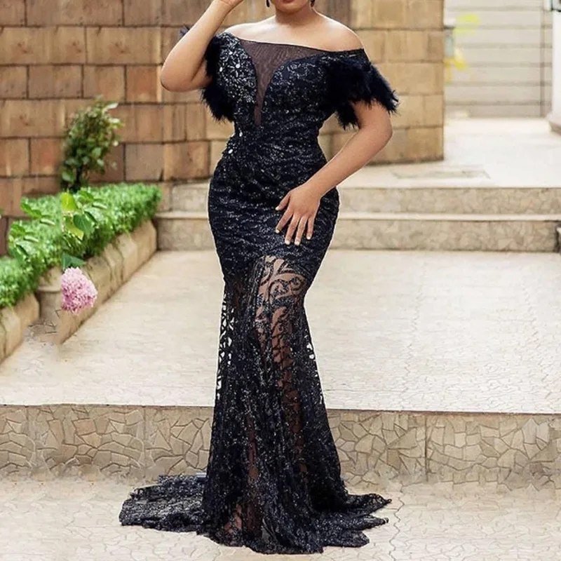 

2025New Cross-Border European and American Women's Fashion Amazon Dress Off-Shoulder Sequin Slim Fit Bodycon Mermaid Evening Dre
