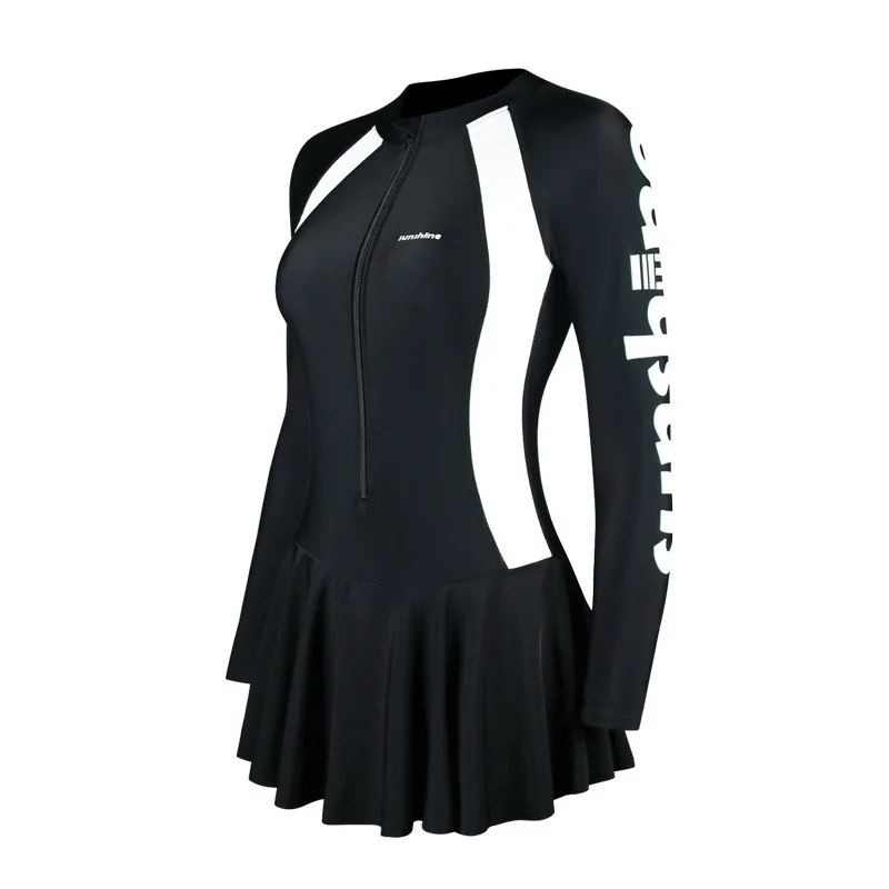 Korean Classic Black White Long Sleeved Swimsuit Sport Half Zipper Skirt Swimwear Women Belly Covering Sun Protection Hot Spring