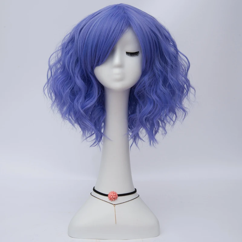 Ladies Blue Short Wavy Synthetic Wig, Heat Resistant Fiber Wig for Halloween Cosplay Daily Occasions