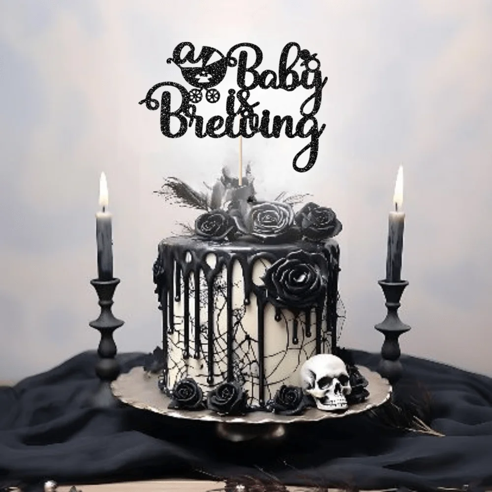 1 Stück „Baby Is Brewing“ Kuchenaufsatz – Halloween-Babyparty-Dekoration, Gothic-Baby-Geburtstagsparty-Dekoration, schwarzer Kuchenaufsatz – Detail 6