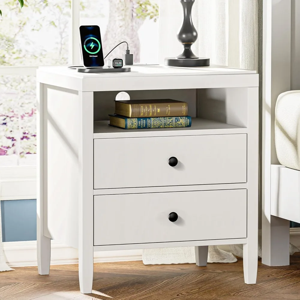 

Bedside Table.Night Stand with Charger Station, White Nightstand with 2 Drawers, Bed Side Table with Storage, Modern End Table