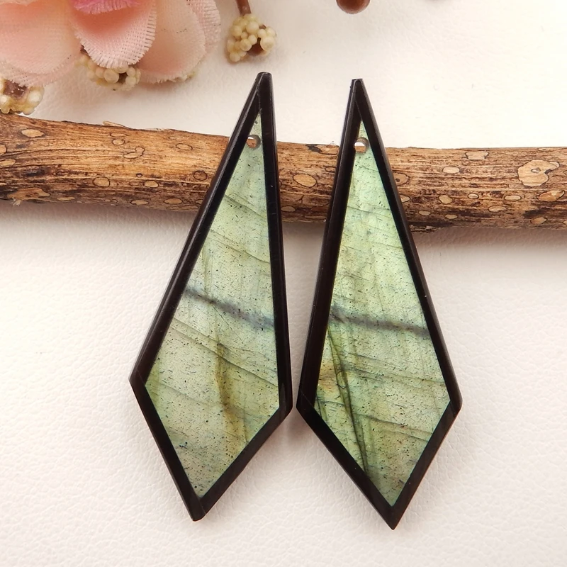 Natural Obsidian and Labradorite Intarsia Earrings Bead for Jewelry Making, DIY 40X13X4mm, 5g