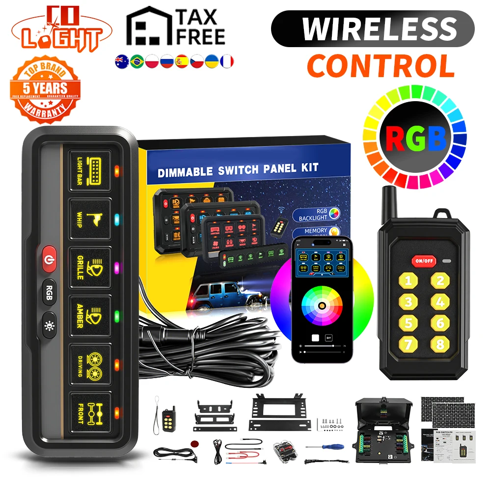 CO LIGHT Pannello interruttori LED universali da 6 gruppi 12V wireless con telecomando Sistema di relè elettronico sottile per SUV Barca SUV Auto