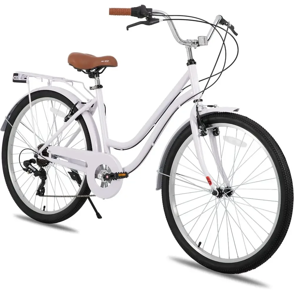 

26 7-Speed Step-Through Cruiser Bike with Rear Rack for Men & Women, Retro City Commuter Cycle