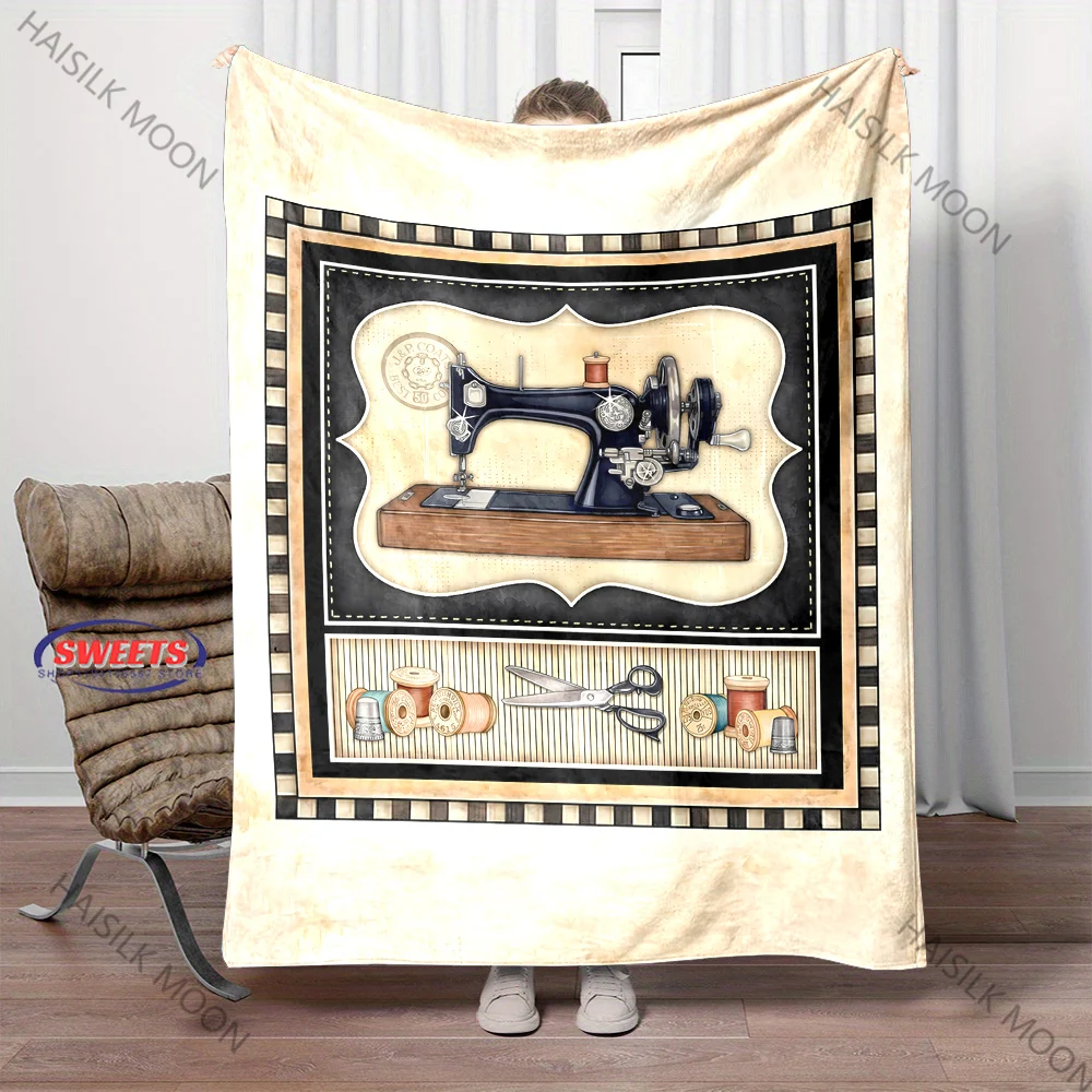 3D Retro Sewing Machine Theme Flannel Blanket for Couch Bed Living Room Sofa, Super Soft Cozy, Great Birthday Christmas Gifts