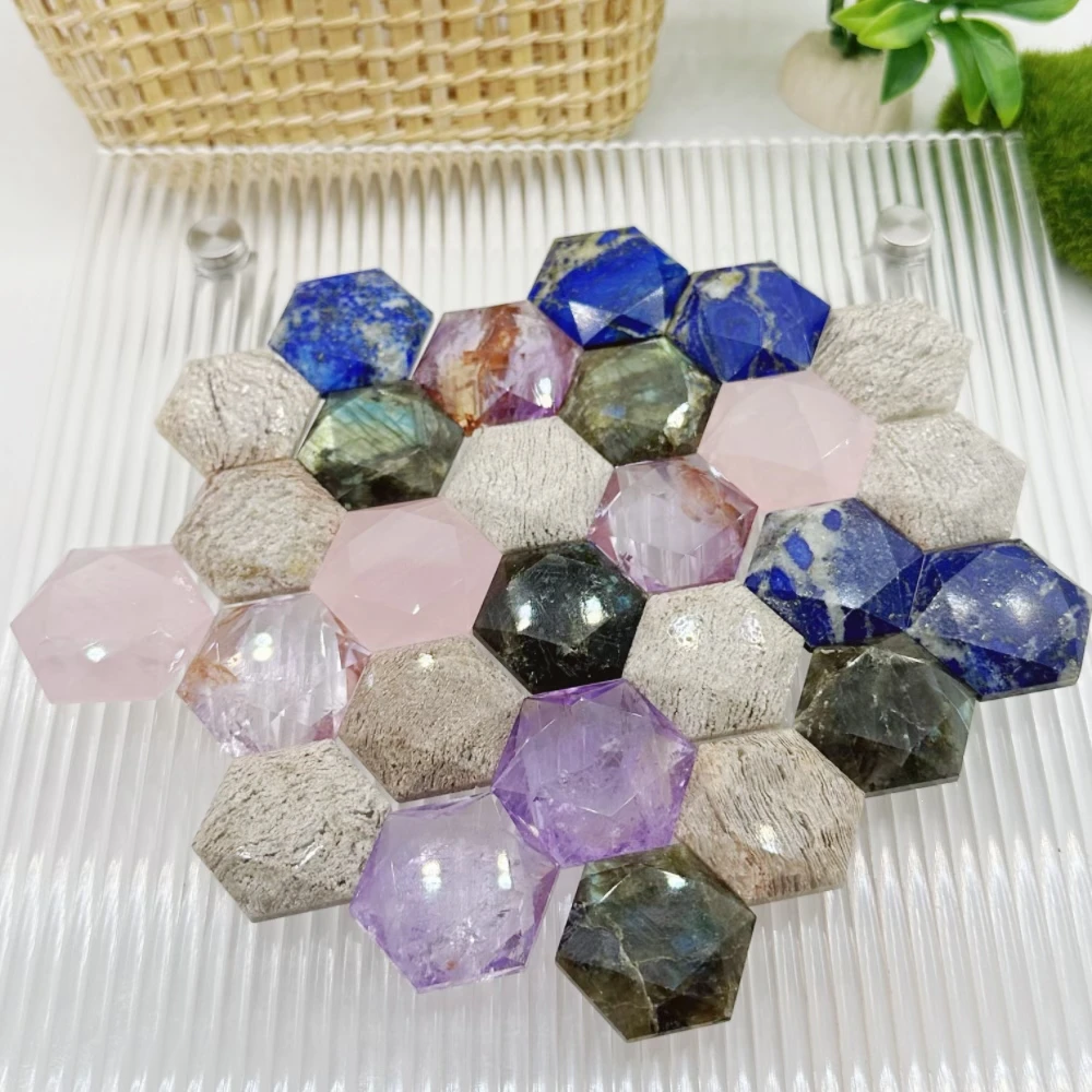 Natural crystal raw stone polished hexawn star pendant pendant without holes polyhedron spirit pendant ornament home decoration