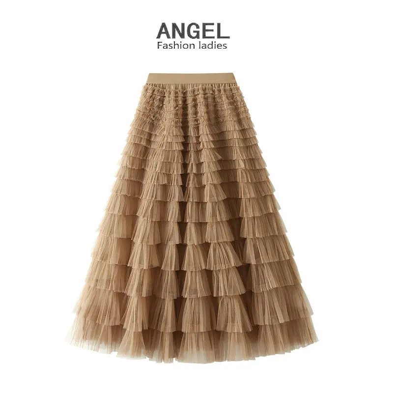 

Elegant Layered Mesh Skirt For Women High-Waisted Puff Skirt Autumn/Winter Long Dress Foldable Casual Party Dress