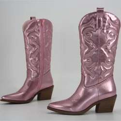 Women's Boots Embroidered Boots 2023 Women's Knights' Boots Vintage Big Round Thick Heel High Leg Western Cowboy Boots Trend