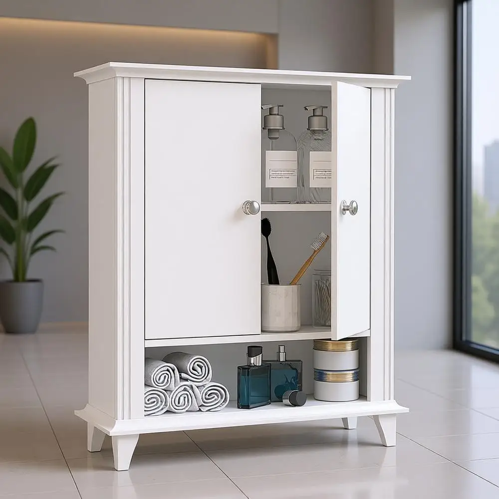 

Space-Saving White Wall-Mounted Bathroom Cabinet with Over-Toilet Storage and Hooks