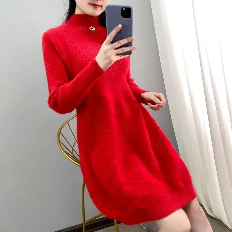 Imitation Mink Velvet Semi-Turtle Neck Sweater Dress Women Outside Wear Fshion Long Loose Knit Bottom Shirt Dress Autumn Winter