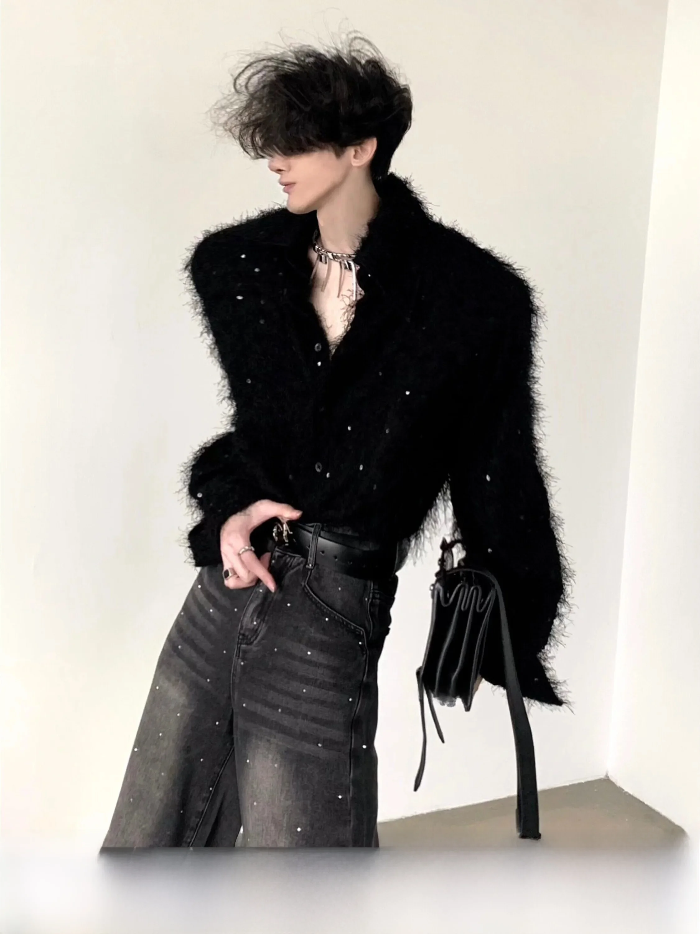 Autumn Mountain Wind Men's Shirt Shoulder Pad Sequin Little Fragrance Style Loose Fit Youthful Trendy Long Sleeve Sharp Collar