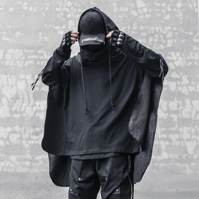 Autumn Winter Techwear Style Gothic Hip Hop Punk Oversized Hoodies Men Hooded Cloak Fake Two Piece Patchwork Batwing Sweatshirt