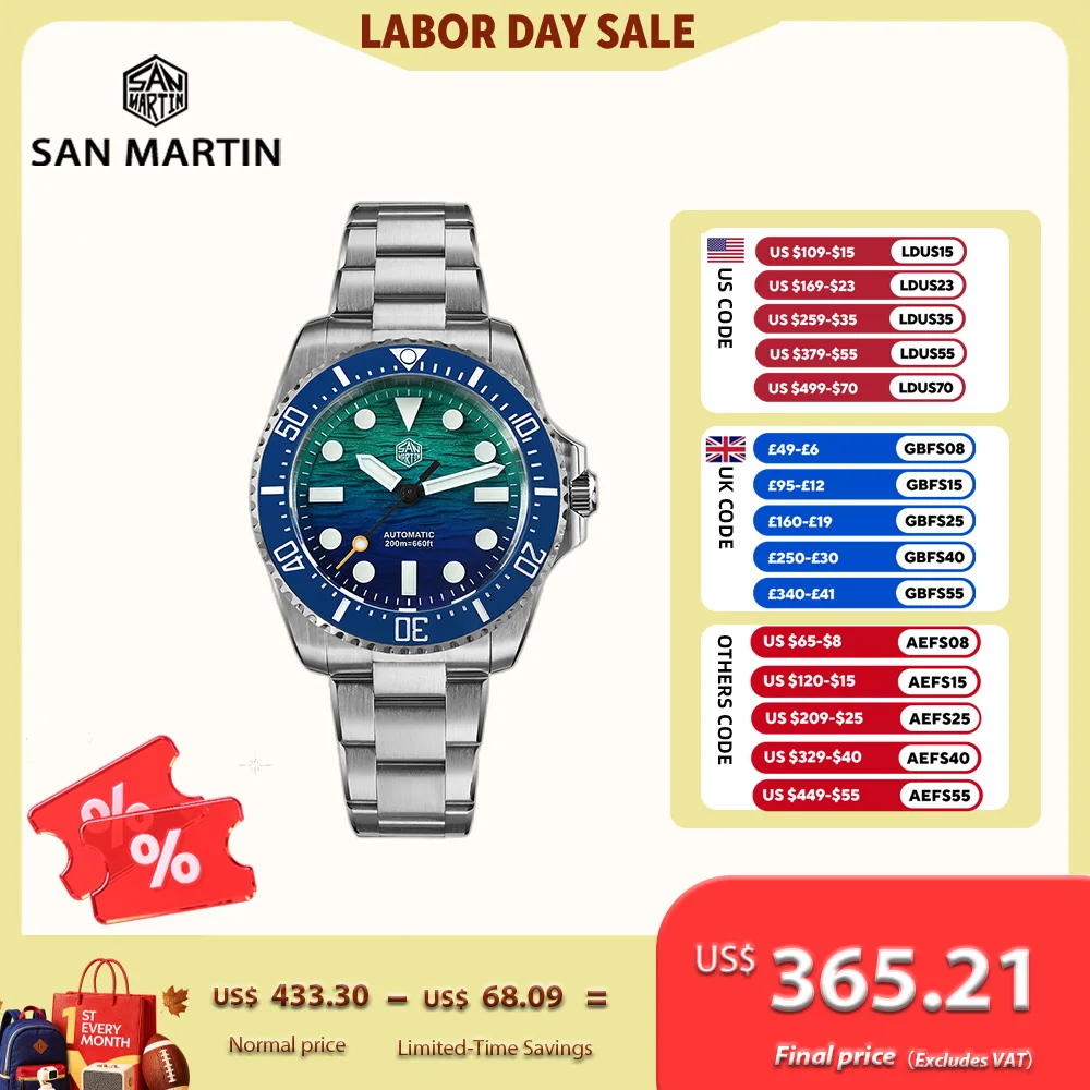 San Martin 38 mm Miyota 90S5 Taucheruhr mit Farbverlauf und Wellenmuster für Herren, automatisches BGW-X1 20ATM OTF-Armband mit verstellbarem Armband SN0126GS