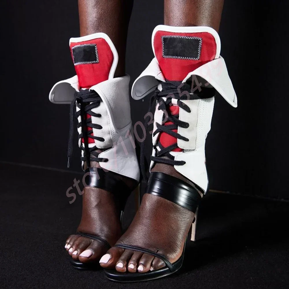 

2025 Open Toe Sexy Catwalk Ladies Stilettos Summer Ins Style Party Strappy Mixed Color Sandals Street Fashion Casual Short Boots