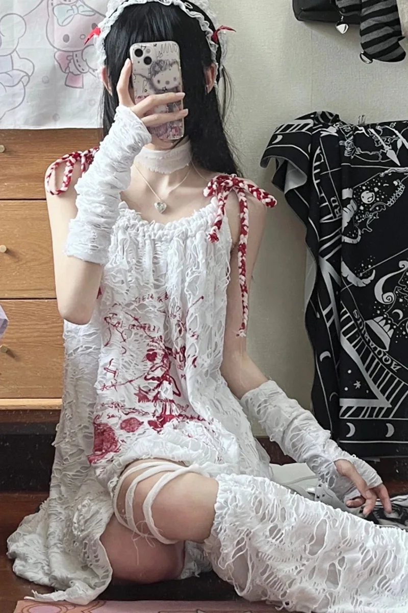 Spring Summer Printed A-Line Dress Women's Drawstring Shoulder Broken Texture Skirt Long Sleeve Mid-Length Casual Dresses