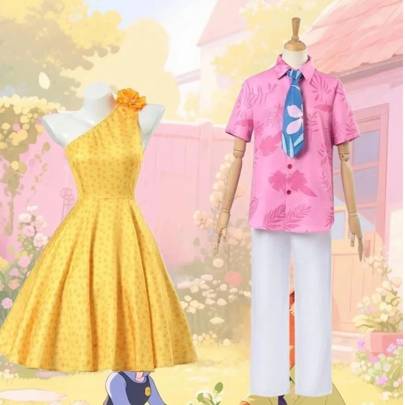 

Anime Rabbit Officer Cosplay Yellow Dress Fox Pink Shirt White Pants Hat Full Set Costume Animals Cos Role Play Outfit Women Men