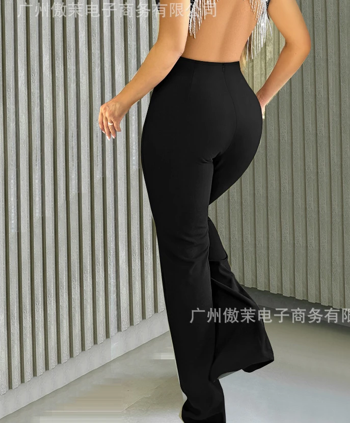 여성 봄 여름 점프 슈트 솔리드 컬러 백 레스 하이 웨이스트 와이드 레그 팬츠 민소매 섹시 캐주얼 패션 편안한 레귤러