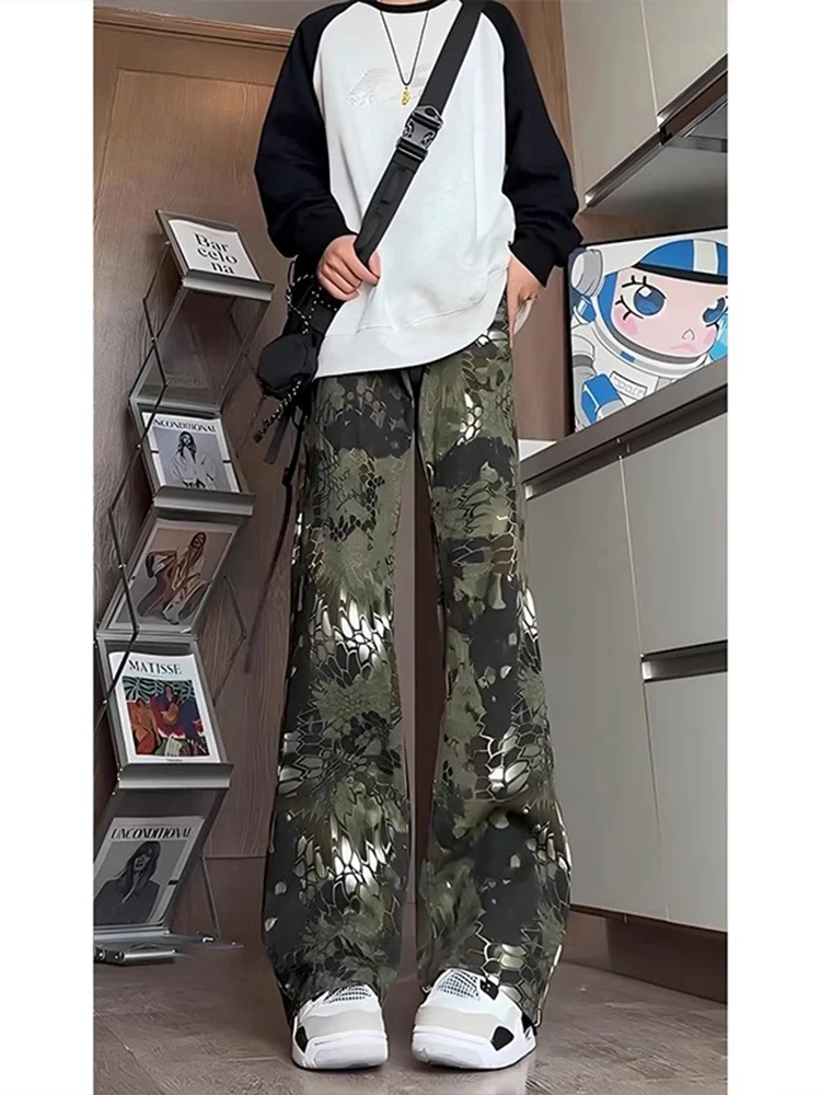 Men's Spring Autumn Camouflage Work Pants Snake Pattern Straight Leg Micro Flared Hip Hop American Style Casual Trousers