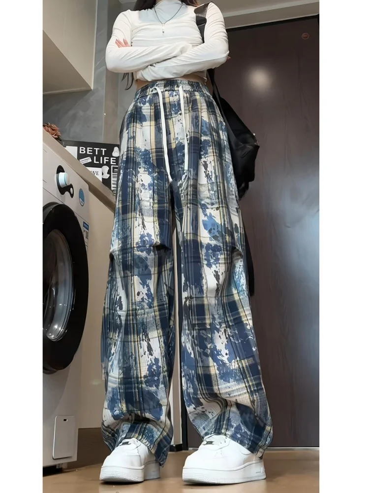 

Men's Casual Straight Leg Wide Leg Pants Spring Autumn Loose Fit Comfortable Dyeing And Bleaching Plaid Trendy Brand Teenage ...