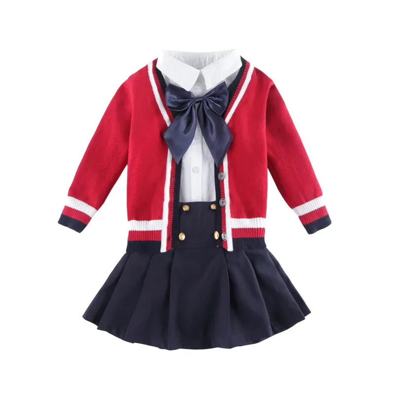 Bambini Coreano Uniforme scolastica giapponese Ragazze Ragazzi Maglione rosso Top Gonna Pantaloni Abito lavorato a maglia Studenti Vestiti Costumi da coro