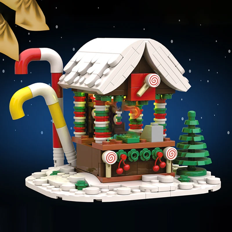 Модель City Street View MOC, строительные кирпичи, рождественский магазин конфетной трости, модульные технологии, подарки, праздник, сборка, детский игрушечный костюм