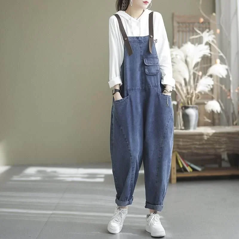 

Джинсовые комбинезоны, повседневные эмапированные джинсы-шаровары, корейская мода, новые универсальные винтажные синие комбинезоны, цельная одежда, женская одежда