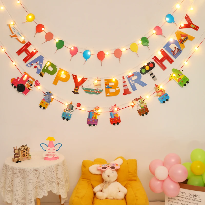 Flashing LED Happy Birthday Falgs Paper Bunting Garland Banners for Kids, Baby Shower Decorations, Party Supplies, 1Set