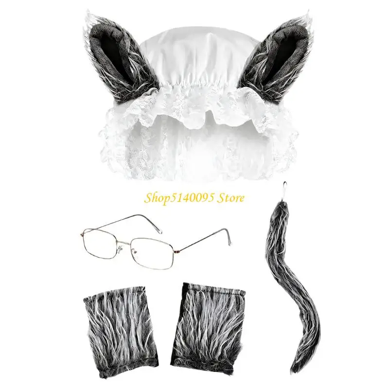DXAE Wolf Role-Play Set with Ruffled Bonnet and Upright Furry Ears for Cosplay Party